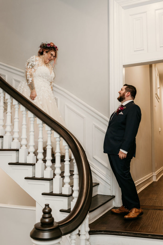 Bride and grooms first look before wedding in PA at The Mutter Museum 