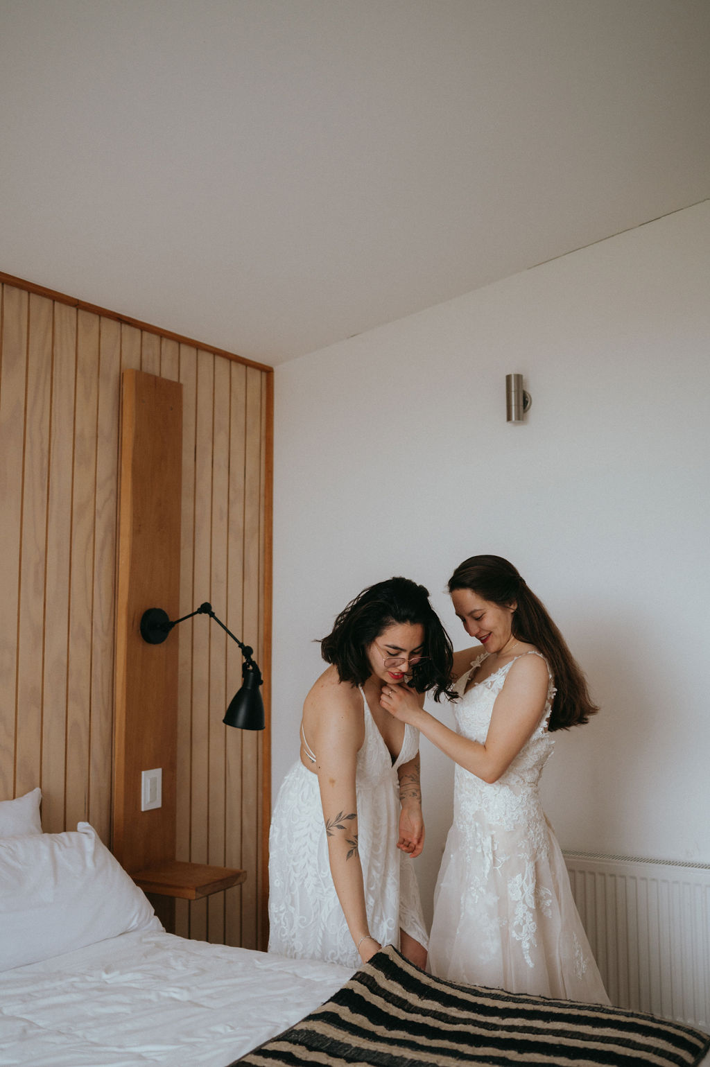 LGBTQ couple getting ready together before their Patagonia elopement.